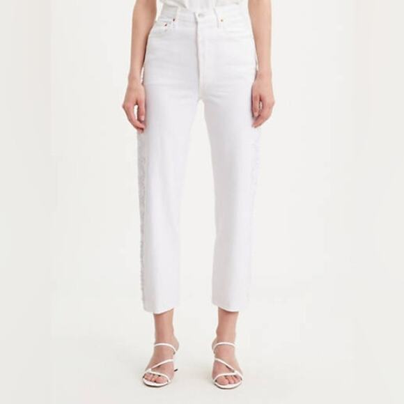 Levi's Studded Ribcage Straight White High Rise Jeans Size 24x29 Boho Festival - Picture 2 of 16